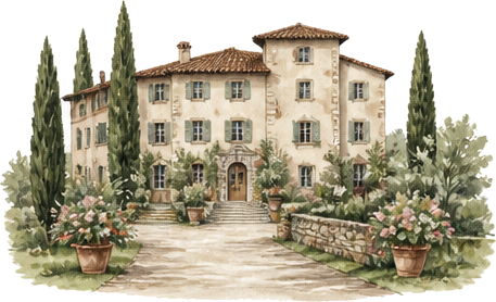 Akvarell av en italiensk villa omgiven av cypresser